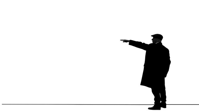 Silhouette of man in flat cap and long coat pointing with arm extended, isolated on transparent background
