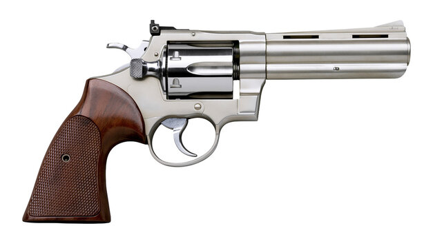 Shiny metal revolver with textured wooden grip, isolated on transparent background