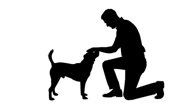 Man kneeling and petting dog, isolated on transparent background
