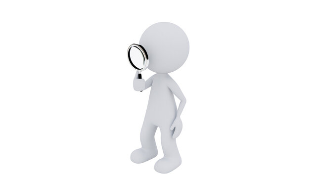 White 3D figure holding a magnifying glass, isolated on transparent background