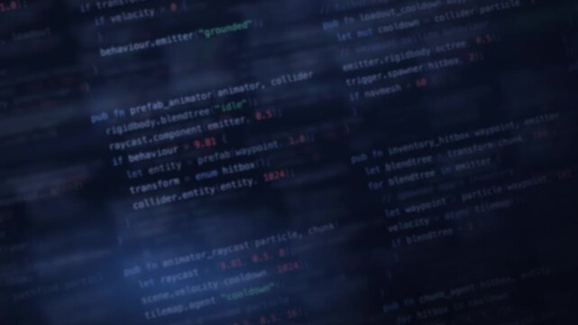 Dynamic Blurred Code Background with Indigo Tones Featuring Soft Blue Glows and Dark Shadows, Ideal for Tech or Gaming Themes