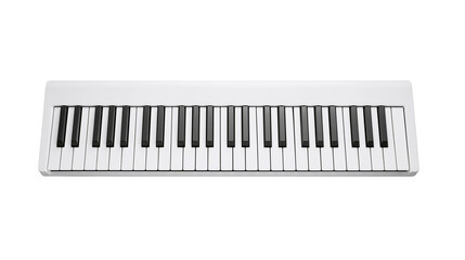 Modern white portable digital keyboard with black keys, isolated on transparent background © Timo