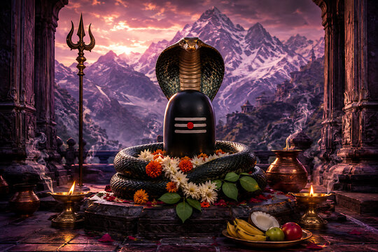 Powerful cobra encircling sacred shiv lingam with flowers fruits trident and glowing lamps during nag panchami worship against majestic himalayan mountains background