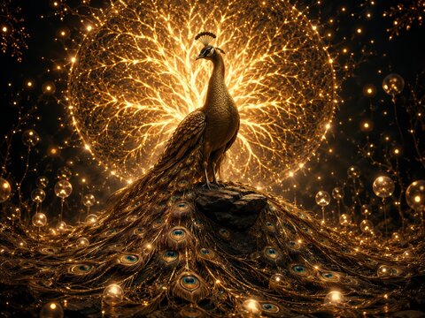 Golden Peacock's Luminescence: A majestic golden peacock stands regally atop a rock, its iridescent tail feathers fanning out amidst a magical ambiance of glowing lights and intricate patterns.