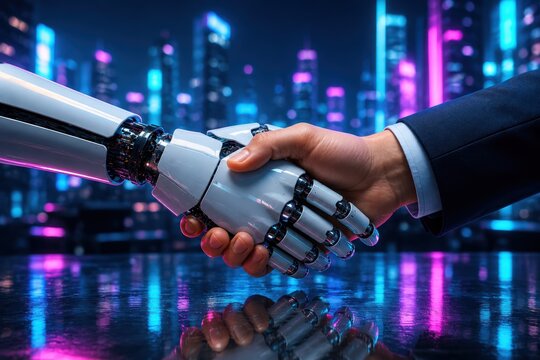 Man and Robot Handshake: A futuristic handshake between a human in a suit and a robotic hand symbolizes the growing partnership between artificial intelligence and humanity in a neon-lit cityscape.