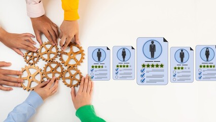 Obraz premium Collaborative Teamwork with Hands on Gears and Profiles Representing Skills and Achievements in a Professional Setting Sigmoid