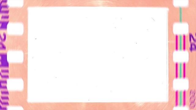 Vintage 35mm film negative frame overlay with colorful side film perforations, orange matte border, retro dust, scratches, and authentic film grain.