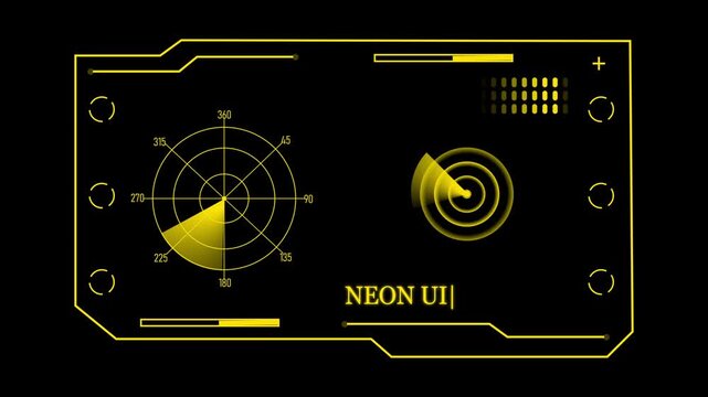 Neon yellow digital radar interface with circular scanning grids and data bars on a black background for futuristic technology and science fiction