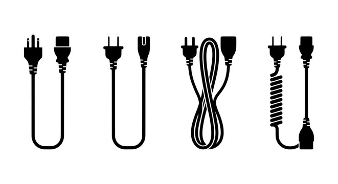 Power Cord Icons, Electrical Cable Set, Plug Connector Vector Graphics, Energy Supply Symbols