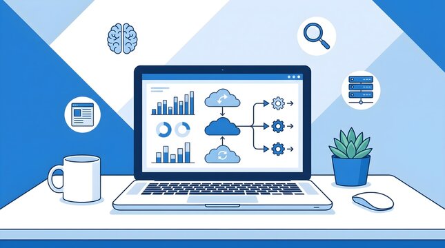 Modern flat vector showing cloud computing workflow, business analytics, dashboard charts, automation processes, and digital technology displayed on a laptop workspace. Suitable for SaaS, IT