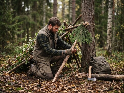 Survivalist building a lean-to shelter in woods