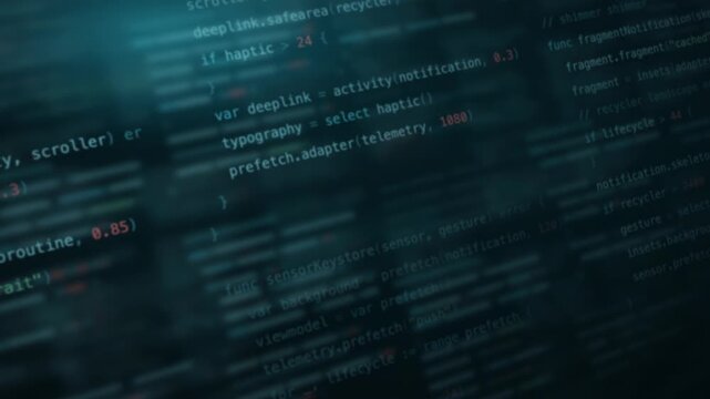 Dynamic blurred code background featuring glowing cyan text elements on a dark backdrop, creating a futuristic and tech-inspired ambiance, perfect for digital themes and programming visuals.