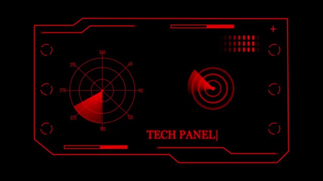 Red tech panel interface with circular radar scanners and data visualization bars on a black background for futuristic technology and software