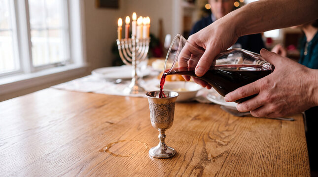 A hand pours red wine into a silver goblet on a wooden table. Candles and a menorah are visible in the background, suggesting a festive gathering.