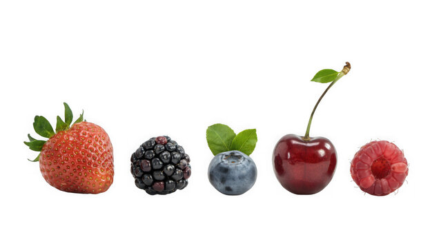 Fresh assorted berries and cherry arranged in a row isolated on white background.