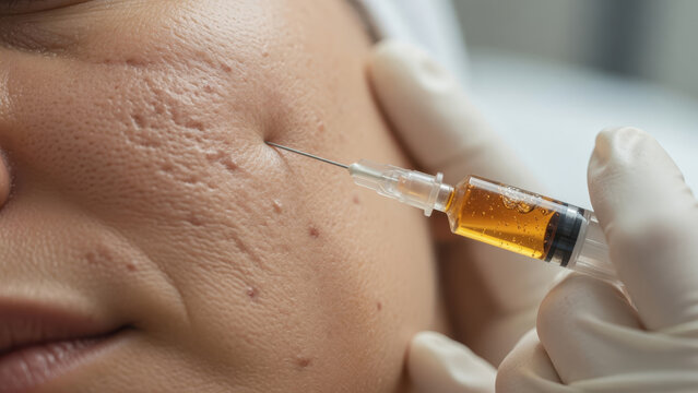 PRP facial treatment procedure with a medical syringe on mature skin with acne scars and enlarged pores in a clinical setting