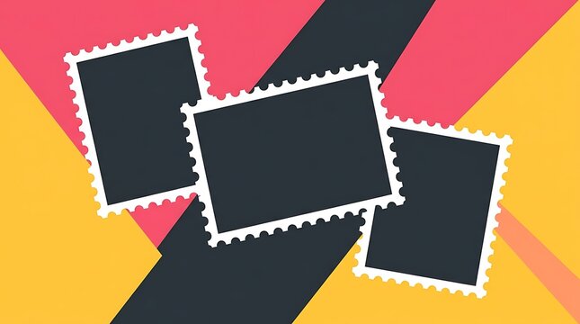 Blank postage stamp frames arranged on a colorful geometric background for creative design and photo display