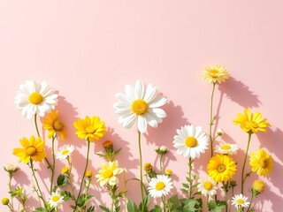 Fototapeta premium A vibrant assortment of fresh white and yellow daisies with green leaves scattered across a soft pink background in soft daylight casting delicate shadows