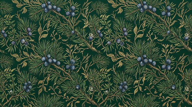 Botanical seamless pattern with detailed juniper branches and berries in green and gold.