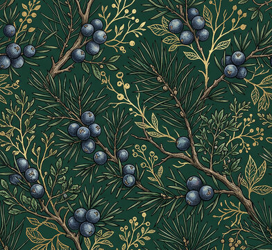 Botanical seamless pattern with juniper berries and pine branches on dark green background.