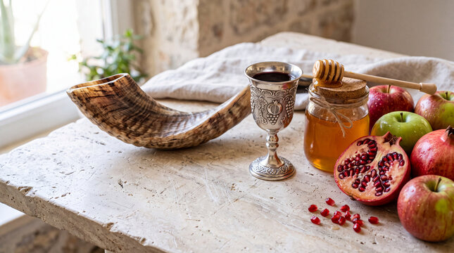 A traditional Rosh Hashanah table setting with a shofar, honey jar, wine cup, apples, and pomegranate on a textured surface.
