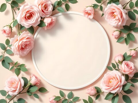 Delicate pastel pink roses and lush green leaves artfully arranged around a blank circular frame creating a beautiful floral border design