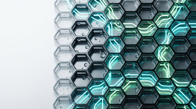 Futuristic hexagon grid background with glowing neon cyan light lines, abstract technology cell structure with water droplets