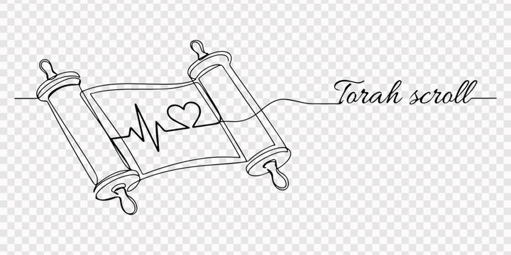Continuous single line drawing of a jewish torah scroll with a heart beat pulse symbol and the handwritten text torah scroll for religious design, Torah scroll with heart beat line drawing continuous 