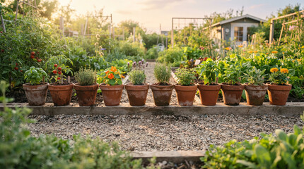 Fototapeta premium Row of terracotta pots of herbs and flowers on a ledge in a lush garden