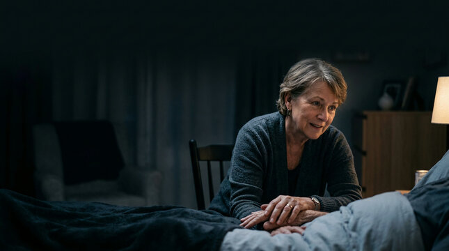 Woman sitting at a bedside holding a relative's hand in a dim room at night