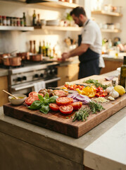Obraz premium Chef preparing fresh vegetables on cutting board in professional kitchen