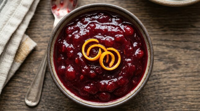 Bowl of homemade cranberry sauce garnished with orange zest curls on a wooden surface