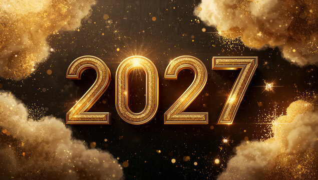Festive 2027 new year golden numbers with sparkly clouds celebration background greeting metallic abstract decorative calendar resolution illumination glittering creative composition