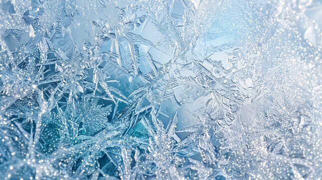 Macro frost crystals texture on frozen winter glass with light blue ice patterns for Christmas seasonal background and cold weather backdrop.
