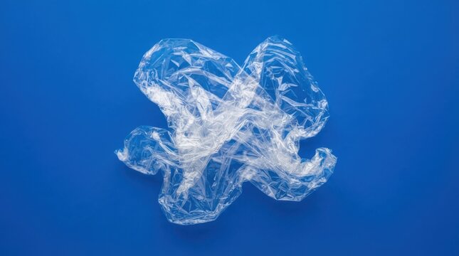 Crumpled transparent plastic bag isolated on blue background