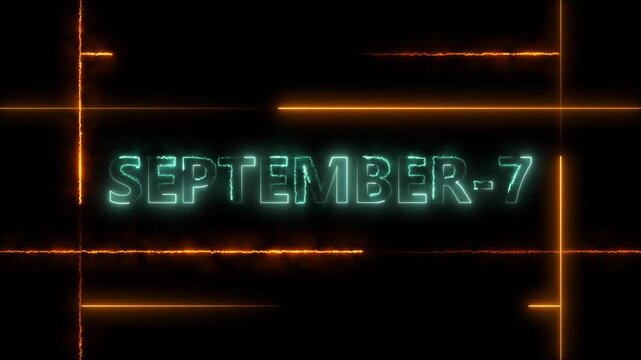 September 7th date reveal neon glowing text animation with dynamic orange light streaks calendar event