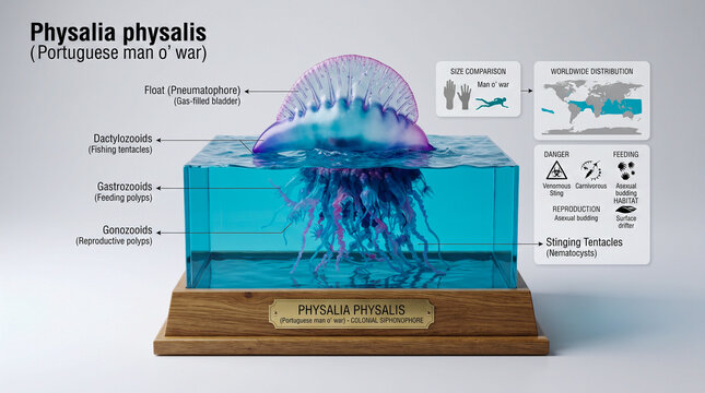 Infograf&iacute;a cient&iacute;fica de una Physalia physalis en formato diorama de museo con anatom&iacute;a, h&aacute;bitat, distribuci&oacute;n y detalles hiperrealistas de alta calidad.