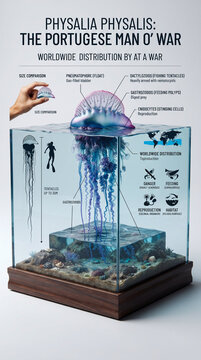 Infograf&iacute;a cient&iacute;fica de una Physalia physalis en formato diorama de museo con anatom&iacute;a, h&aacute;bitat, distribuci&oacute;n y detalles hiperrealistas de alta calidad.