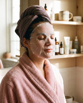 Woman in towel headwrap and pink robe wearing hydrating sheet mask in sunlit bathroom