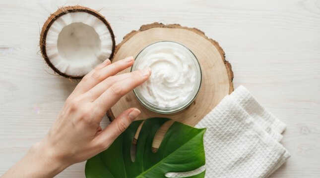 Top view of a hand reaching for a jar of coconut cream on a wooden slice with a coconut half and a green leaf