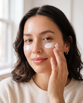 Close-up portrait of woman applying white skincare cream under her eyes in soft natural daylight