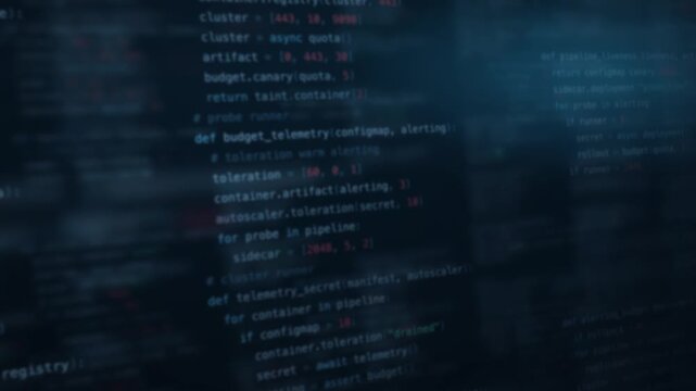 Dynamic blurred coding background featuring navy tones with glowing elements, showcasing various code snippets in a soft focus, ideal for tech presentations or digital projects.