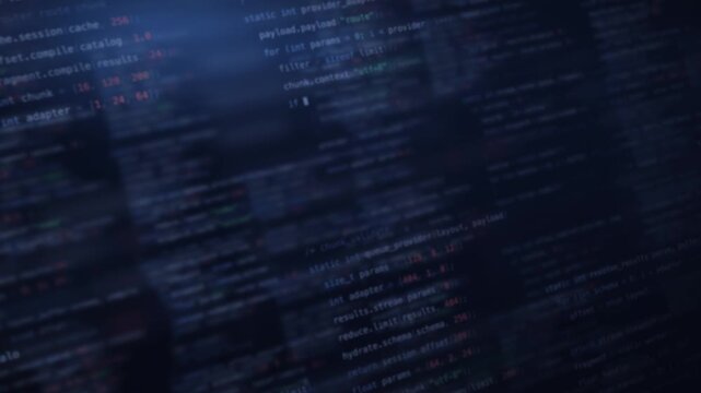 Dynamic blurred code background featuring indigo tones with glowing text elements in shades of blue and green, creating a futuristic and tech-inspired atmosphere.