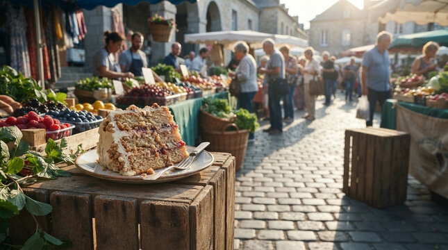 Cake slice at bustling outdoor farmers market with fresh produce stalls