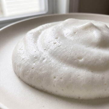 Close-up macro of airy white cleansing foam on a beige plate near a soft window