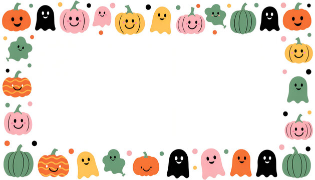 Cute Halloween vector frame with smiling pumpkins and friendly ghosts