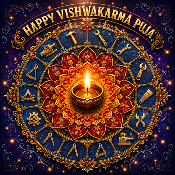 Happy Vishwakarma Puja Decorative Diya with Tool Mandala Design for Festival Greeting Banner