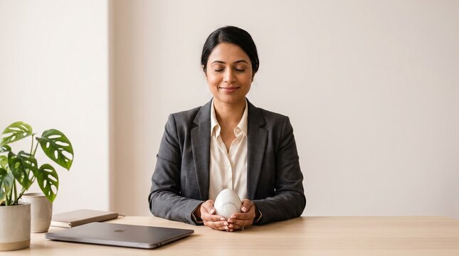 Calm businesswoman meditating at office desk, holding a white stress ball, eyes closed, promoting mental wellness and work-life balance