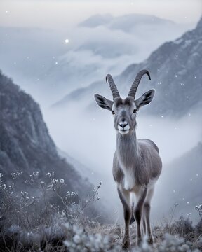 A cloud toned baby markhor kid goat hybrid, digitally created fantasy animal,  in a winter clearing