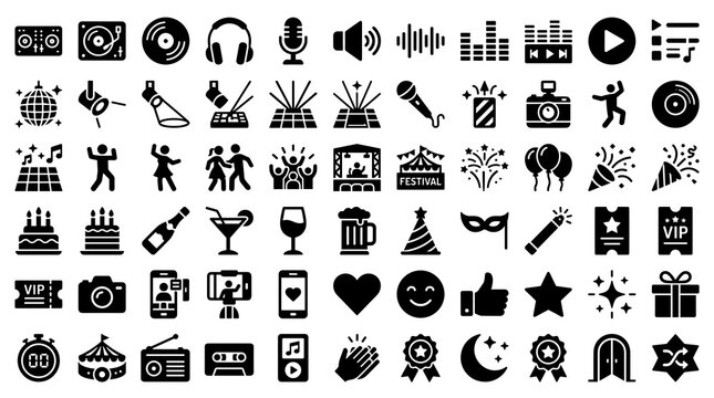 Editable Dancing and Party Celebration Solid Icon Set with Club Music, DJs, Disco, Festival, and Entertainment Glyph Vector Collection